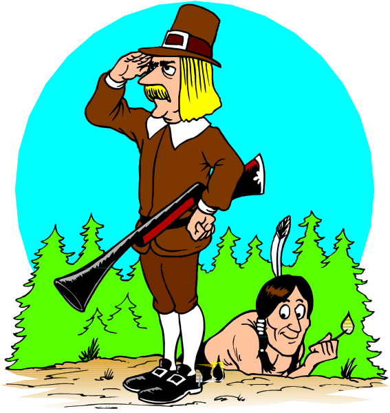 The illustration depicts a cartoon of an old man dressed as Paul Bunyan standing next to his companion Babe in frontier attire with trees behind them; both characters appear surprised by something off-frame, and there's another character lying on their stomach nearby holding what looks like a rifle.