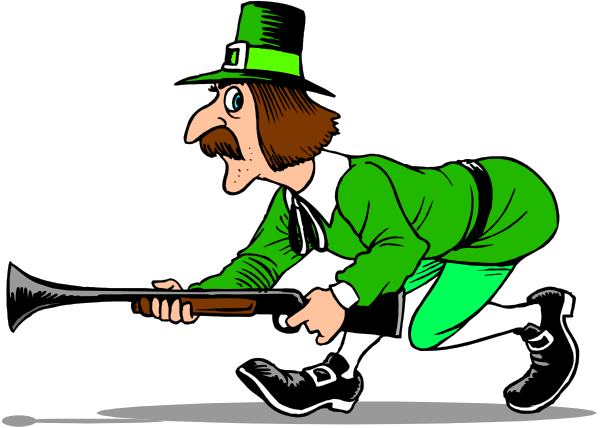 The cartoon depicts a leprechaun riding on top of an old car with his hat off, holding onto it as he drives down a road at nighttime.