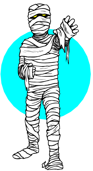 The image features a cartoon of an animated mummy character waving with its right hand while standing on what appears to be a blue platform against a dark background.