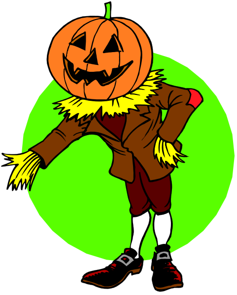 The illustration features a cartoon depiction of Halloween with an anthropomorphic scarecrow dressed as Abraham Lincoln standing in front of a green background that resembles grass.
