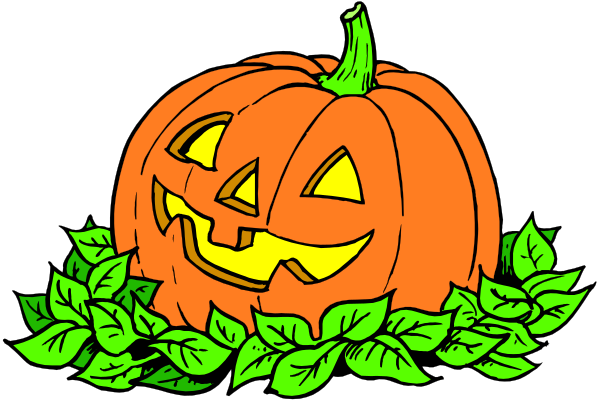 The image shows a Halloween pumpkin with carved features sitting on top of green leaves next to a black background.