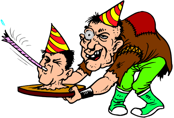 The cartoon depicts a man blowing out candles on his birthday cake while another figure looks at him with an evil expression; there's also a third character in a red hat holding a knife to cut into the cake, and two party hats hang from their ears.