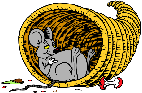 The cartoon depicts a mouse sitting inside an oversized wicker basket with wheels on it, which is being pulled by another animal that appears to be a rat based on its size relative to the mouse's and their positioning in relation to each other.