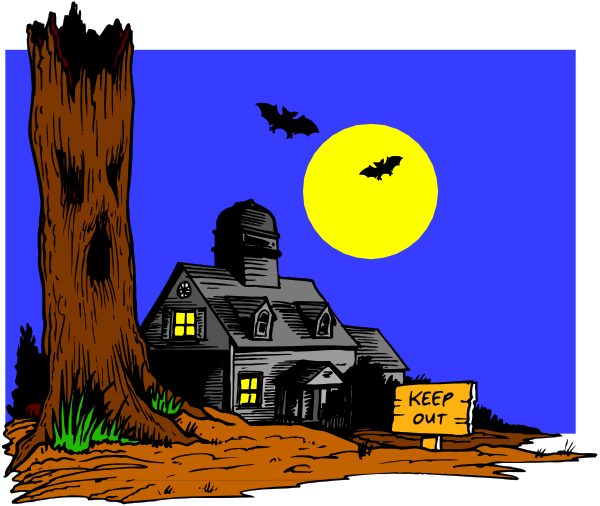 The image depicts a cartoon of an old farmhouse at night with bats flying around it during Halloween season; there's also a sign that reads "keep out" in front of the house on what appears to be a dirt road, and trees flanking either side of the scene.