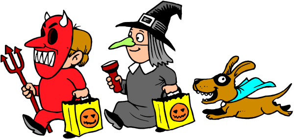 The cartoon depicts a Halloween scene with two characters: an adult dressed as Dracula holding bags of candy for trick-or-treating; next to them is another character in witch attire, also carrying treats and accompanied by their dog that has devil horns on its head. They are walking down the street at night under a full moon, with houses decorated for Halloween visible behind them.
