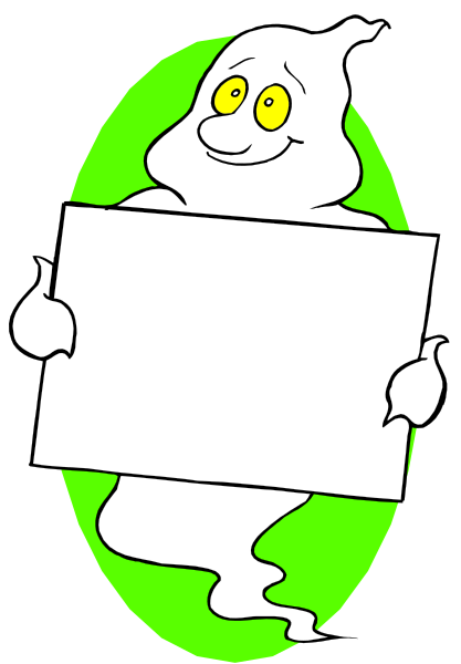The image shows a cartoon ghost holding up an empty sign with its right hand while standing on what appears to be grassy ground in front of it.