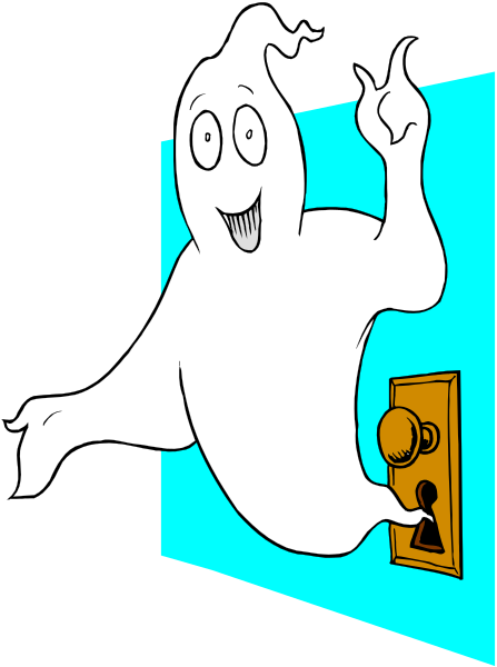 The cartoon depicts a ghost with its arms outstretched standing next to an open door frame on what appears to be Halloween night.