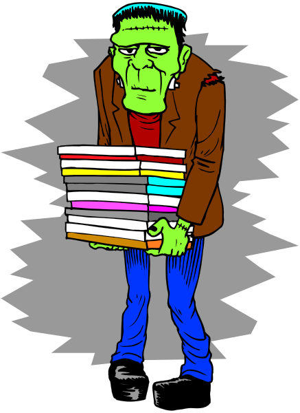 The illustration shows a cartoon character resembling Frankenstein's monster holding multiple books with various colored spines in one hand while leaning against what appears to be an invisible wall that has cracks, suggesting it might break soon; he is wearing blue jeans and no shirt or shoes are visible.