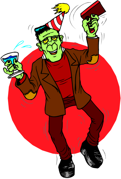 The illustration shows a cartoon depiction of Frankenstein's monster celebrating with a party hat on his head while holding two drinks in each hand; he is standing against a red background that resembles an explosion, and there appears to be a small amount of smoke or steam rising from the bottom.