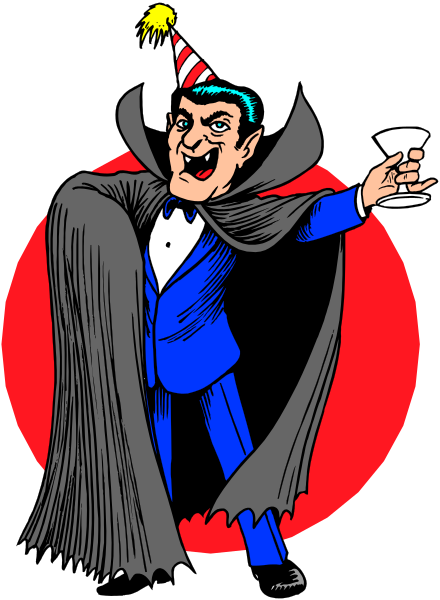 The illustration features a cartoon vampire dressed as Dracula with cape holding up wine glass toasting at party in front of full moon on red background.