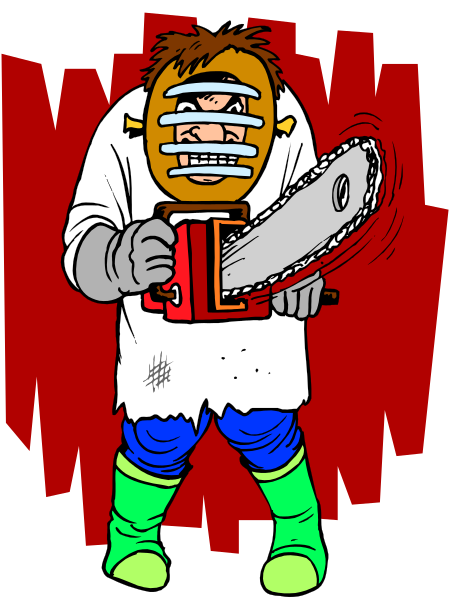 The illustration shows a cartoon character dressed as Frankenstein's monster holding an axe with blood splatters on it against a red background that resembles spider webs.