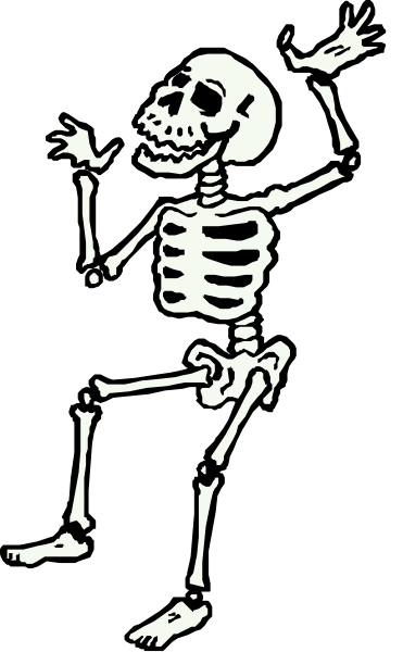 The black and white photo shows a skeleton standing on its head with arms outstretched as if dancing against an unseen background.