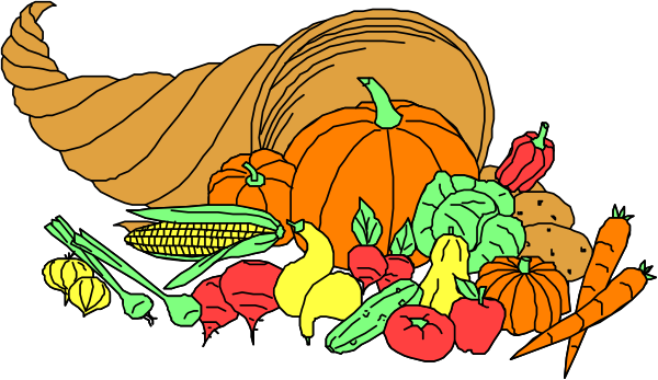The image shows a cartoon depiction of an autumn harvest scene with various vegetables like carrots, corn on the cob, pumpkins in shades of orange and green, apples, broccoli, potatoes, squash, tomatoes, lettuce, celery, bell peppers, bananas, oranges, a loaf of bread, an ear of wheat, ears of maize, eggs, milk jugs with handles on top. The vegetables are arranged in baskets and piles around the scene. There is no text present within this image.