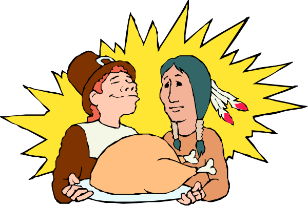 The cartoon depicts a man holding an oversized turkey on his arm while standing next to another person who is smiling at him; both characters appear happy in front of what looks like a festive background with fireworks and stars, suggesting it might be Christmas or Thanksgiving time.
