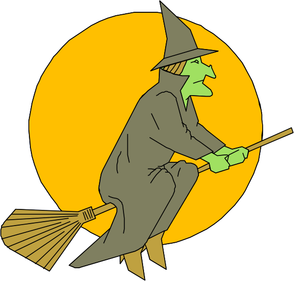The illustration features a witch riding on a broomstick at night during Halloween with an orange moon behind them against a black background.