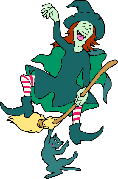 The image features a cartoon witch riding on her broomstick with an owl perched behind them against a black background.