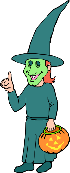 The cartoon depicts a witch with glasses holding up an index finger next to a pumpkin on Halloween night.