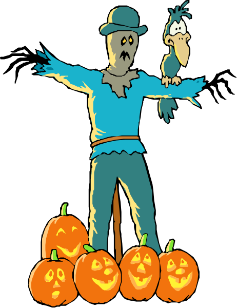 The illustration depicts a cartoonish scene with an animated character dressed as a witch standing on top of three jack-o'-lanterns while holding a black crow in one hand; behind them, there is another figure wearing a blue costume and hat that resembles the sky or night.