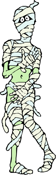 The image shows a skeleton with bandages standing next to another figure that appears to be an animated character resembling Frankenstein's monster; both figures have their backs turned towards each other in what seems like a stylized, cartoonish representation of two characters from different cultural references.
