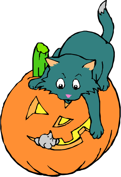 The illustration shows a black cat sitting on top of an orange pumpkin with carved faces that resemble jack-o'lanterns; there is also another smaller mouse character peeking out from behind one side of the larger pumpkin, and both characters appear to be looking at each other or interacting in some way.