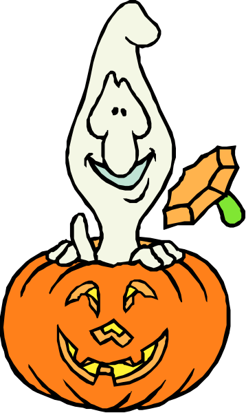 The cartoon shows a witch's hat with an animated face on it flying over a jack o'lantern that has been carved into a pumpkin shape; there is also candy corn in front of them, and both characters appear to be smiling as if enjoying Halloween festivities.
