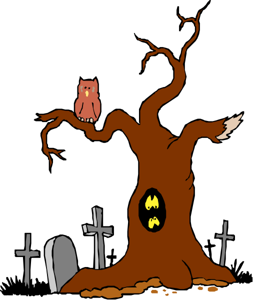The image features a cartoon tree with an owl perched on it against a dark background; there is also a gravestone at its base that has two skulls carved into it.