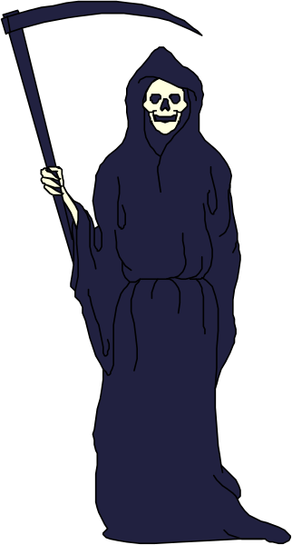 The image shows a black and white illustration of an animated skeleton figure dressed as Grim Reaper standing on either side with its arms outstretched in front of it against a dark background.