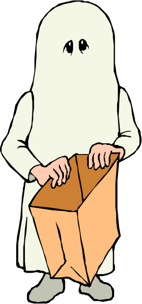 The cartoon depicts a ghost holding an open cardboard box with its hands while standing against a wall inside what appears to be a haunted house.