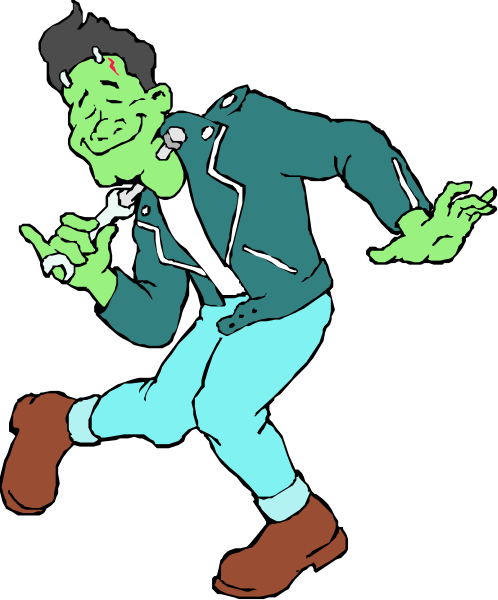 The image shows a cartoon of an animated character with green skin running on what appears to be a dark background; he is wearing blue jeans, black shoes, has short hair, and holds something in his right hand that looks like a small object resembling a microphone or device.