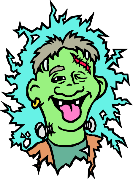 The image shows a cartoon of Frankenstein's monster with his mouth open wide as if he is speaking or singing.