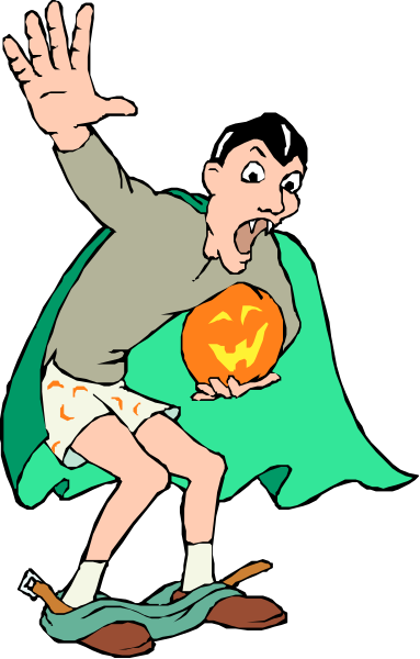 The cartoon shows a man dressed as Superman holding an orange pumpkin with his right hand while standing on top of what appears to be a surfboard in mid-air against a black background; he is wearing blue shorts and has dark hair, appearing surprised or shocked by something offscreen.