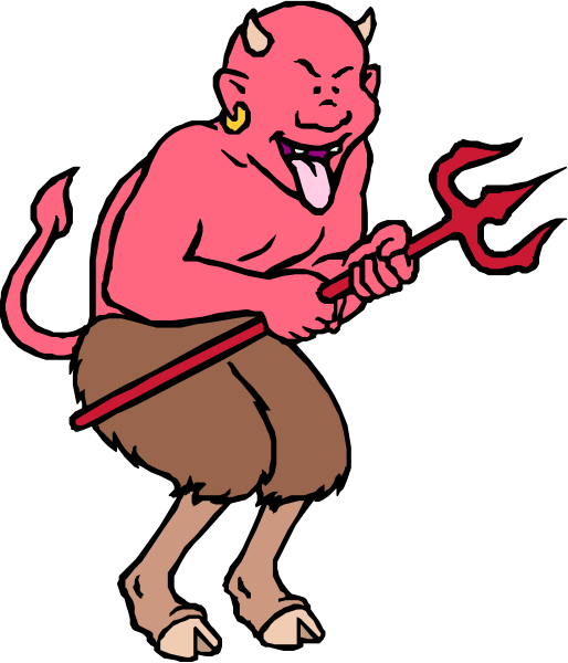 The cartoon depicts a devil with horns holding an object that resembles a pitchfork while standing on what appears to be a pedestal in front of flames; there is no text present within this image.