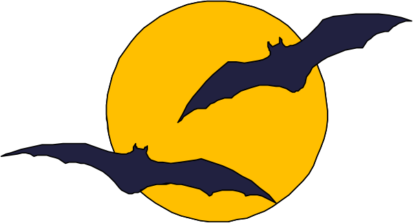 The image shows a black bat flying over an orange moon with bats around it against a dark background; there is no text present in this clip-art illustration.