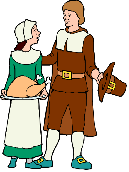 The illustration depicts a man dressed as Robin Hood standing next to a woman who appears to be Maid Marian; both characters wear historical attire appropriate for their roles in folklore. They seem engaged in conversation, with the man holding what looks like an apple pie on his left arm and gesturing towards it while speaking or listening intently. The setting is not clearly defined but suggests a medieval period due to the clothing of the figures; there are no other objects, people, animals, actions, or settings visible within this small clip-art image.