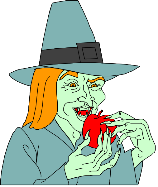 The image shows a cartoon witch with red hair holding an apple core to her mouth while standing outdoors at night under a full moon.