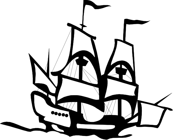 The black and white silhouette of a ship with sails against an empty background.