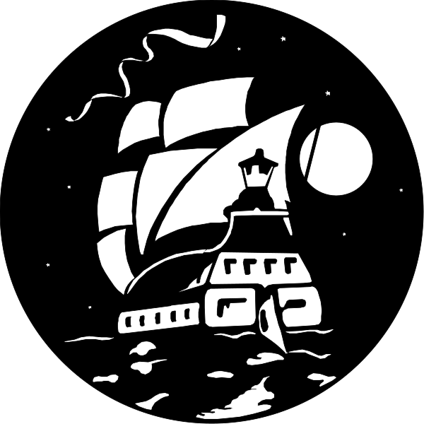 The black and white illustration depicts a ship with sails on top of it sailing through water under an open sky at nighttime near land where there is a lighthouse visible in front of buildings, all set against stars above.