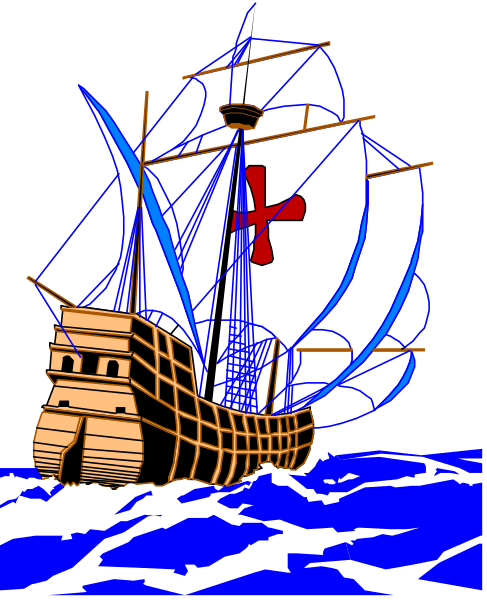The image shows a stylized illustration of an old sailing ship with multiple masts on rough seas under a dark sky at nighttime.