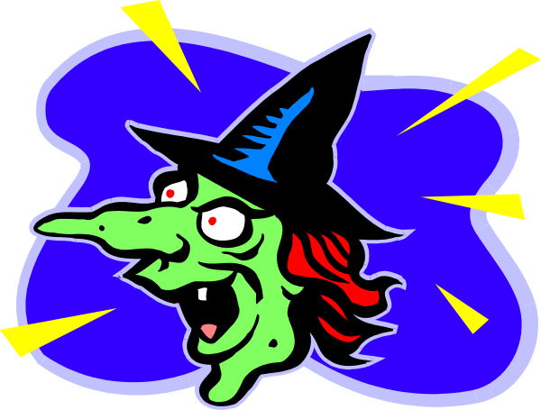 The image features a cartoon witch with red hair flying on her broomstick above an oval blue sky background that has white clouds scattered across it.