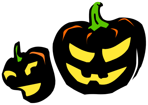 The image shows a black silhouette of three jack o' lanterns with carved faces against an orange background on top of what appears to be a gray surface.