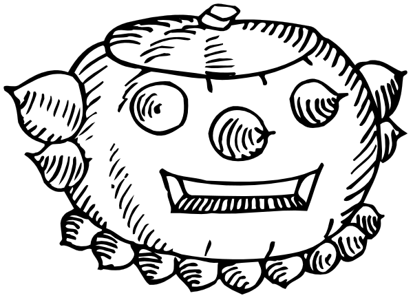 The black and white illustration shows a cartoonish face with exaggerated features such as large eyes and teeth, resembling an animated character rather than a real person or animal.