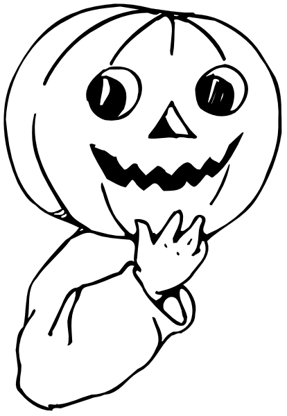 The black and white illustration features a cartoon pumpkin with eyes and mouth resembling human facial expressions pointing upwards towards an unseen object of interest above it.