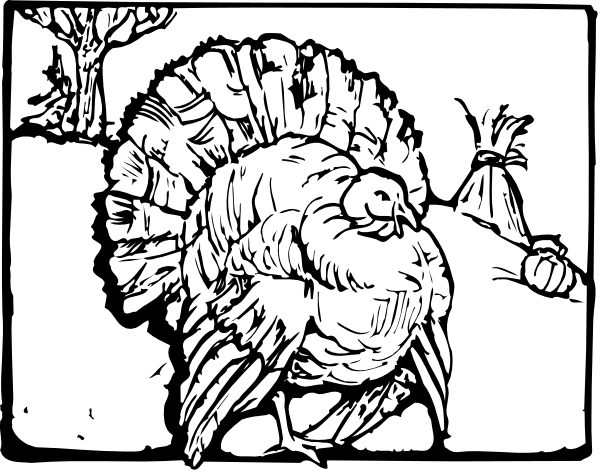 The black and white illustration depicts a turkey standing next to two pumpkins on either side of it with trees in the background.