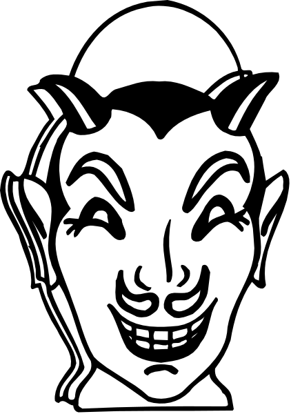 The image shows a black and white cartoon of an evil clown with exaggerated facial features such as large eyes, red lips, and devil horns on its head.