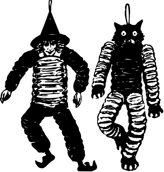 The black and white photo shows three robots standing side by side with a person walking behind them on what appears to be an outdoor street at nighttime.