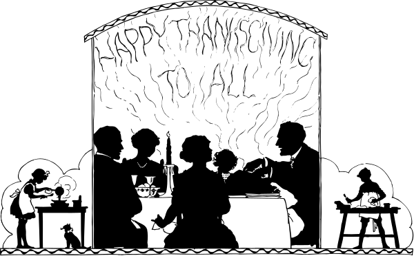 The black and white illustration depicts a festive scene with text that reads "Happy Thanksgiving to all" on top of an image showing three individuals gathered around what appears to be a table set for dinner, in front of which is a sign indicating it's time for the meal.