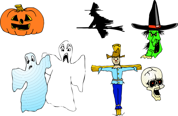 The image shows a Halloween theme with various characters: on top left there's an orange pumpkin; to its right is a witch wearing black clothes holding a broomstick; below her is a skeleton in white clothing and hat, standing next to another skull-like figure also dressed as a cowboy. On the bottom row from left to right are two ghostly figures with arms outstretched towards each other; then there's an animated character resembling Elvis Presley wearing sunglasses and holding microphone stand in front of him, standing next to another skeleton-
