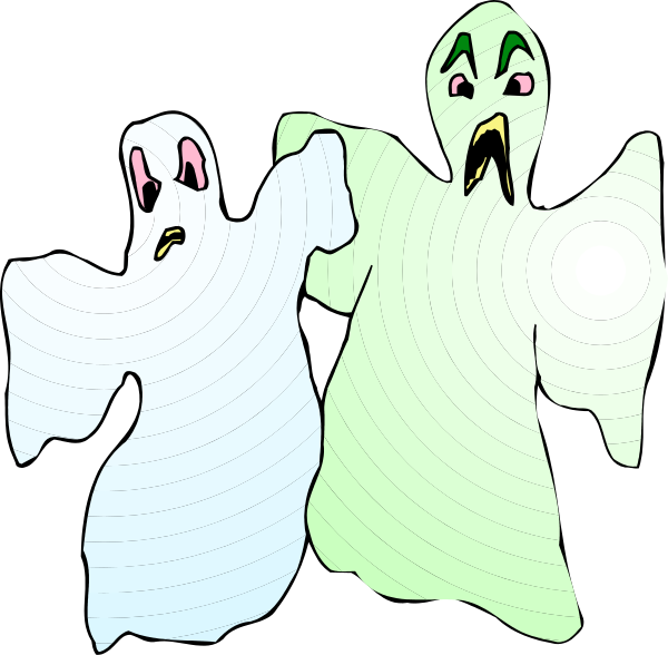 The image shows three cartoon ghosts standing close together with their arms around each other; two of them have a surprised expression while one has an angry look on its face.