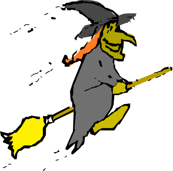 The image shows a cartoon witch riding on top of an animated broomstick with her arms outstretched as if flying through space against a black background.