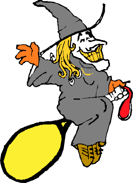 The black and white illustration shows a witch riding on top of an owl with its arms outstretched for balance while flying through mid-air against a dark background.